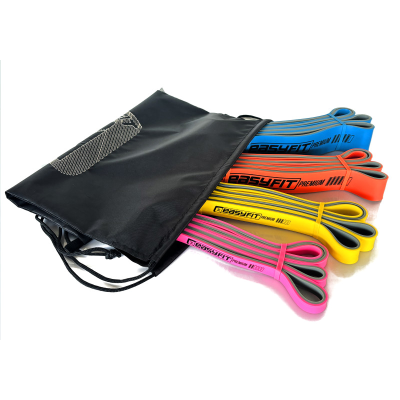 Двухслойные резинки (эспандеры) EasyFit Premium для подтягиваний, Набор 4 шт, Сопротивление 7-63 кг, Длина 200 см, Латекс двухслойный, Сумка для хранения, Розовый, Желтый, Оранжевый, Синий