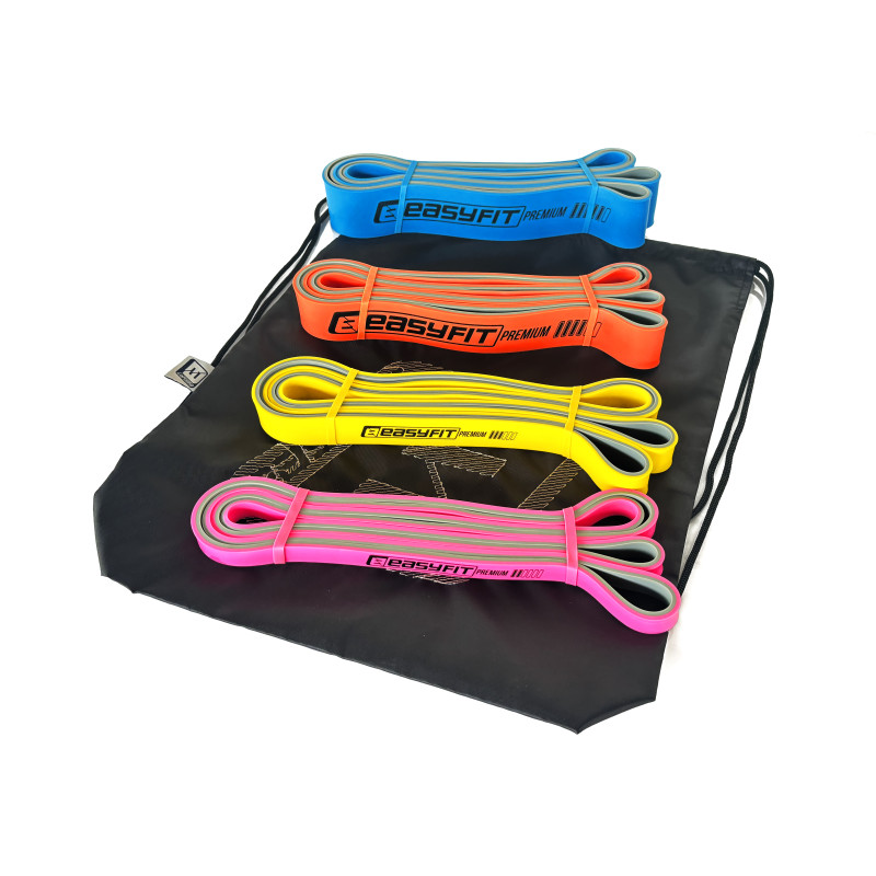 Двухслойные резинки (эспандеры) EasyFit Premium для подтягиваний, Набор 4 шт, Сопротивление 7-63 кг, Длина 200 см, Латекс двухслойный, Сумка для хранения, Розовый, Желтый, Оранжевый, Синий