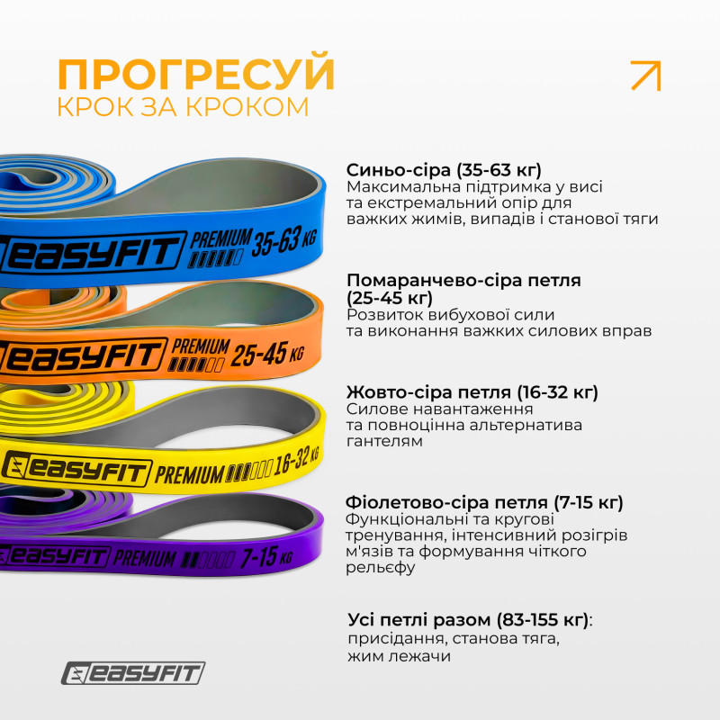 Набір резинок для підтягування та спорту EasyFit Premium (4 шт), двошарові, опір 7-63 кг, сумка для зберігання