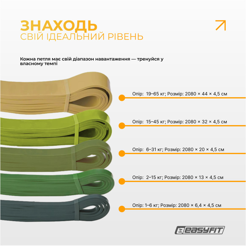 Резиновые петли EasyFit Ranger, Набор 5 шт, Многослойный латекс, Сопротивление 1 - 65 кг