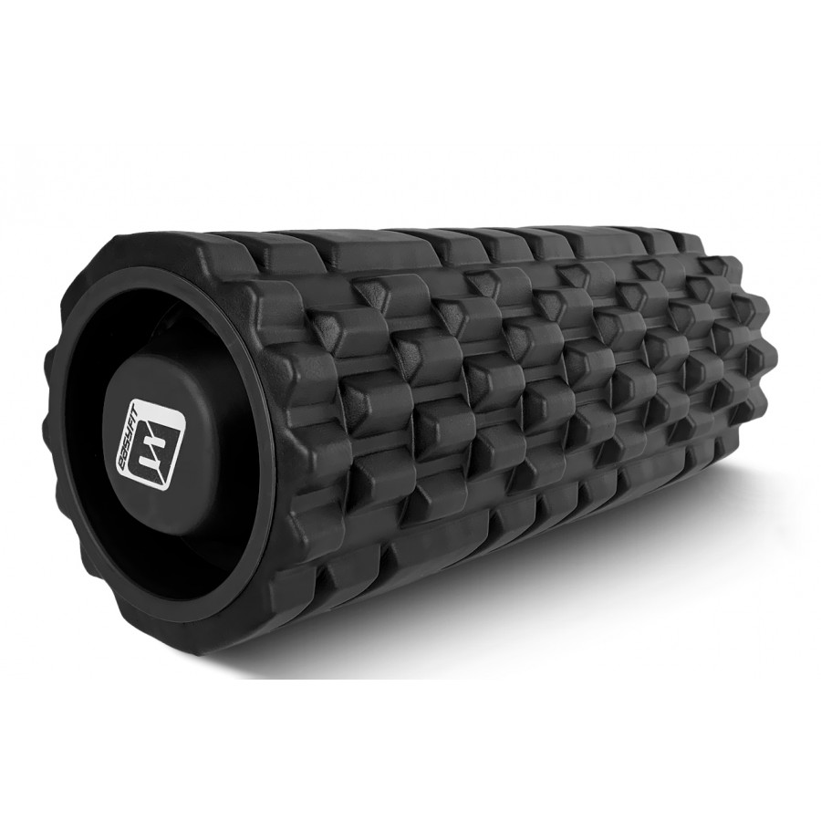 Массажный ролик EasyFit Grid Roller v.1.1 с заглушками, Длина 33 см, Диаметр 14 см, 3D массажная поверхность, Пена EVA, для фитнеса, йоги и восстановления мышц, Черный