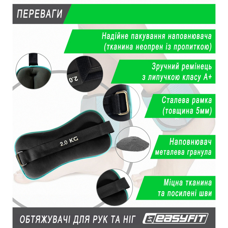 Утяжелители для ног и рук EasyFit Comfort с металлом (пара), Вес 2 кг, Неопрен, Стальная гранула, Черно-голубой