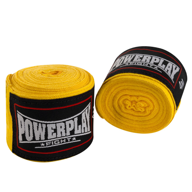 Бинты для бокса PowerPlay 3047 Lycra, Комплект: 2 штуки+чехол, Длина 4 м, Эластичные, Лайкра (спандекс), Желтый