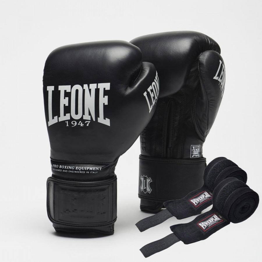 Боксерські рукавиці Leone GN111 THE GREATEST Black 16 унцій (бинти 4 м. в комплекті)