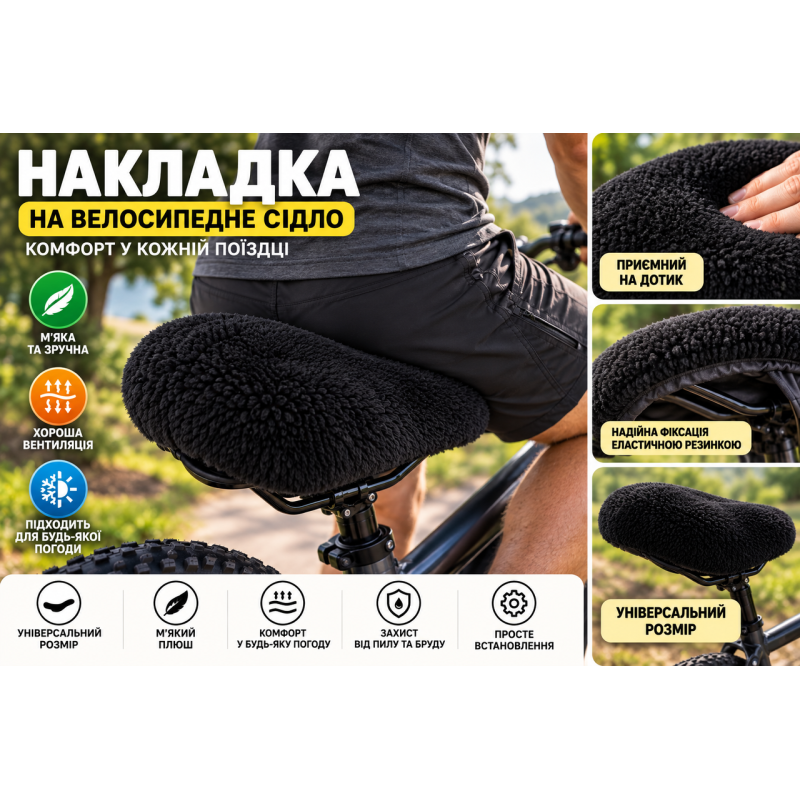 М’яка пухнаста накладка-чохол на велосипедне сідло Walfort 22×27 см, чорна