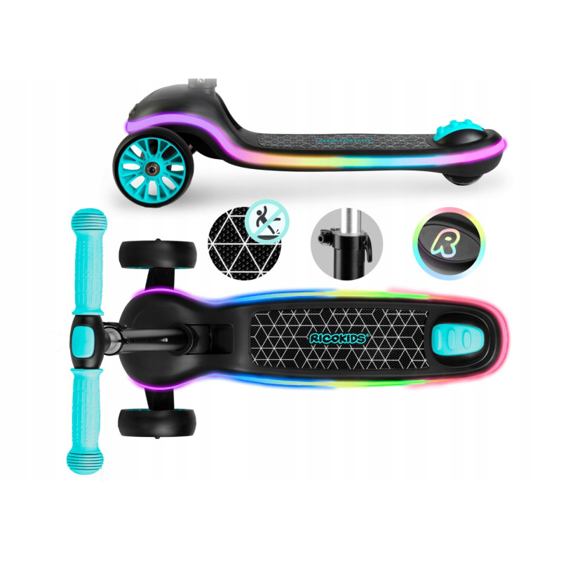 Дитячий самокат триколісний Ricokids Leddi чорно-бірюзовий