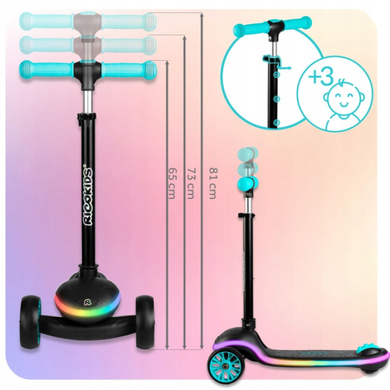 Дитячий самокат триколісний Ricokids Leddi чорно-бірюзовий