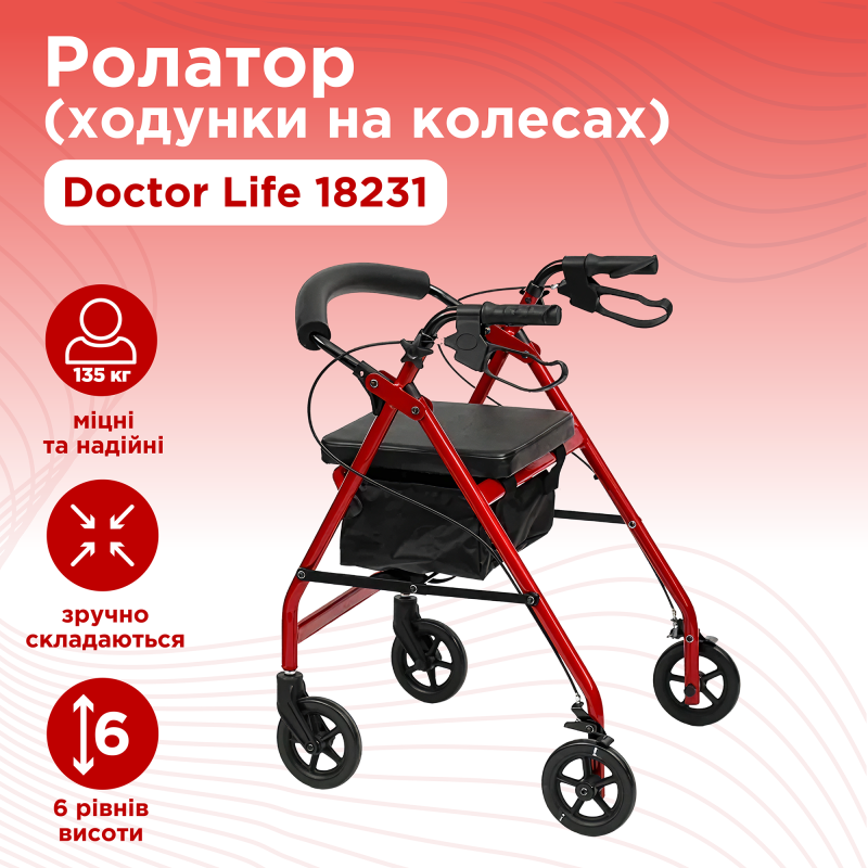 Ходунки на колесах з підвищеною надійністю і функціональністю ролатор Doctor Life 18231 (18231-2473)