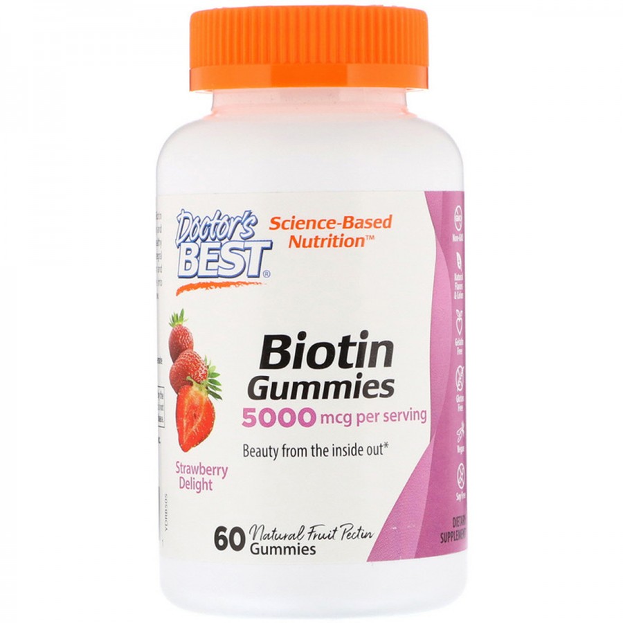 Біотин зі Смаком Полуниці, Biotin Gummies, Doctor's Best, 5000 мкг, 60 желейних цукерок