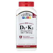 Вітамін D3 та K2, D3 + K2, 21st Century, 120 капсул