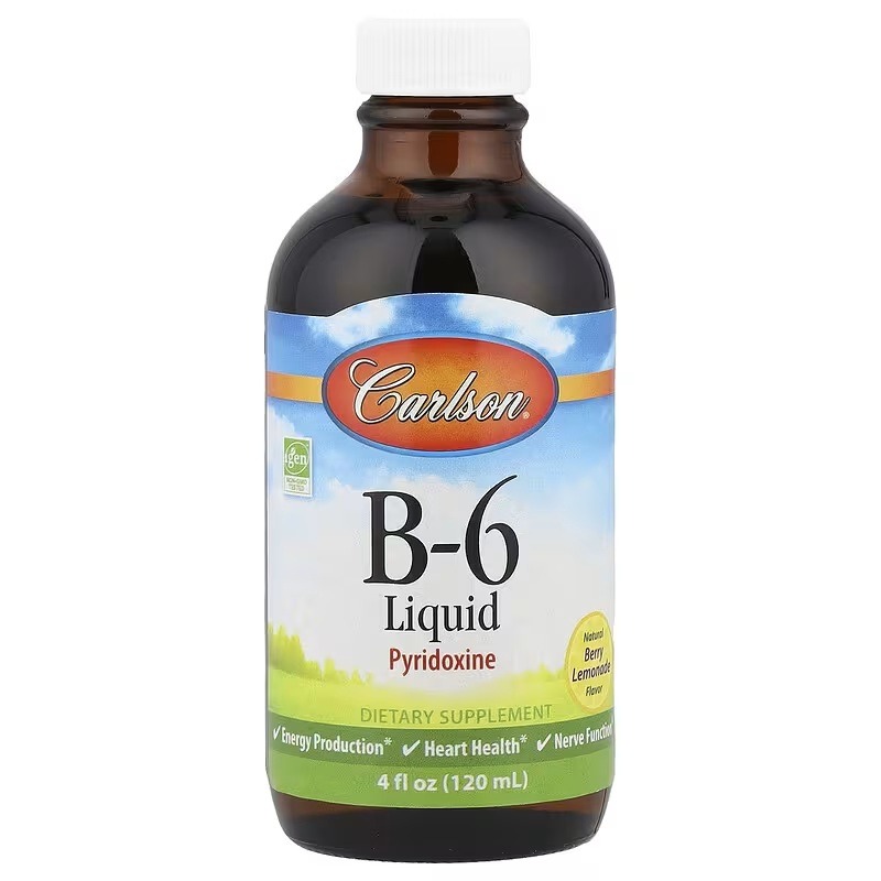 Витамин B6 в каплях, 100 мг, вкус ягодного лимонада, B-6 Жидкий, Carlson, 120 мл