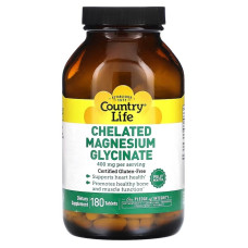 Магний Хелатный глицинат, 400 мг, Chelated Magnesium Glycinate, Country Life, 180 таблеток (133 мг в таблетке)