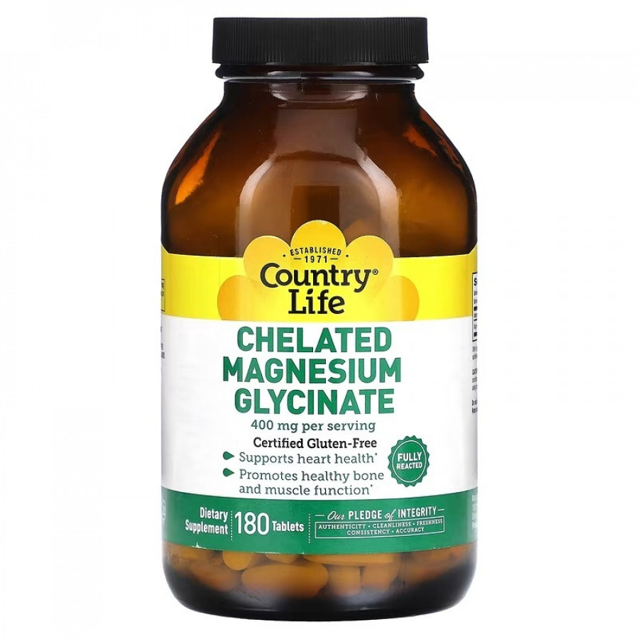 Магній Хелатний гліцинат, 400 мг, Chelated Magnesium Glycinate, Country Life, 180 таблеток (133 мг у таблетці)