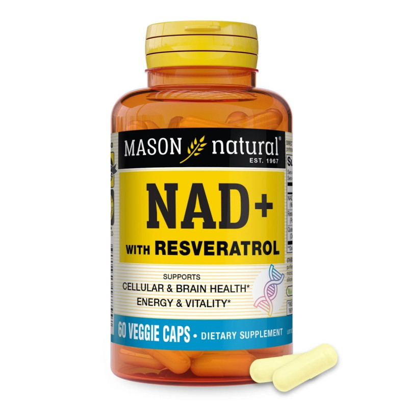 NAD+ з ресвератролом, NAD+ Supplement with Resveratrol, Mason Natural, 60 вегетаріанських капсул