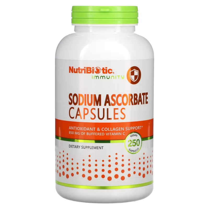 Аскорбат натрію, Sodium Ascorbate, NutriBiotic, 250 вегетаріанських капсул