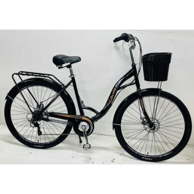 Велосипед городской Corso «Liberty» 28'' дюймов + КОРЗИНА, ЧЕРНЫЙ, стальная рама 20``, Shimano 7 скоростей, корзина, багажник