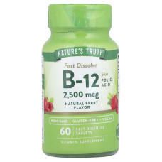 Вітамін B-12 плюс фолієва кислота, Vitamin B-12, Nature's Truth, смак ягід, 2500 мкг, 60 швидкорозчинних таблеток