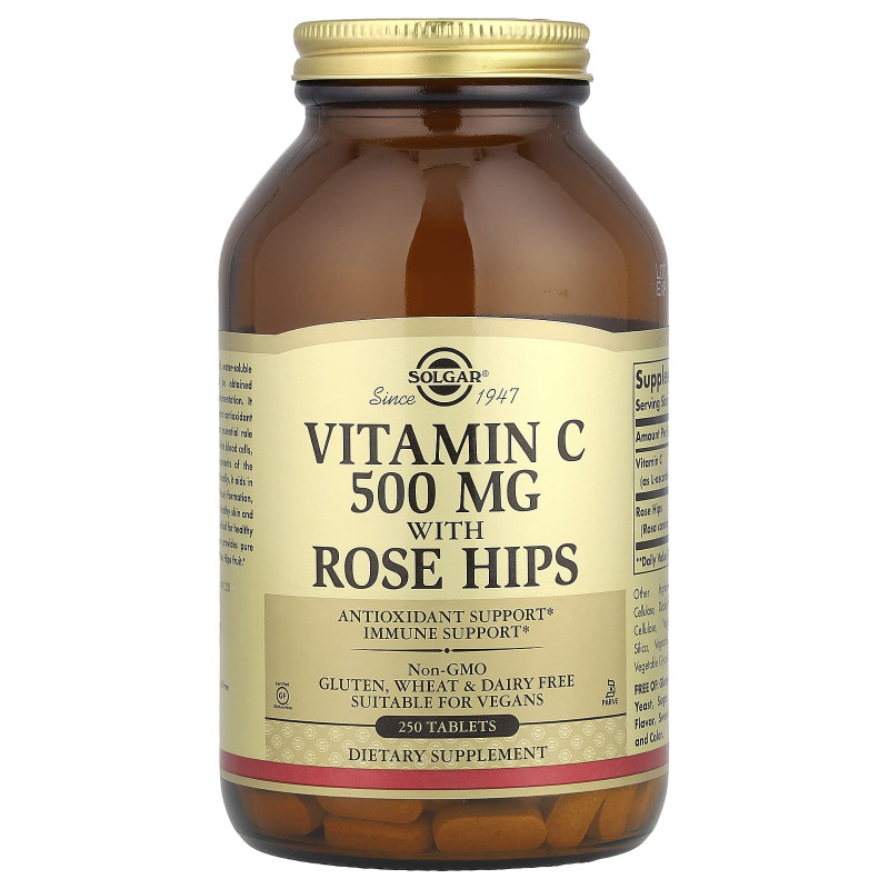 Вітамін С із шипшиною, Vitamin C With Rose Hips, Solgar, 500 мг, 250 таблеток