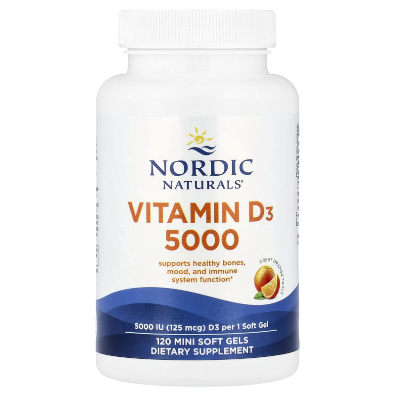 Витамин D3, Vitamin D3, Nordic Naturals, апельсин, 125 мкг (5000 МЕ), 120 мини гелевых капсул