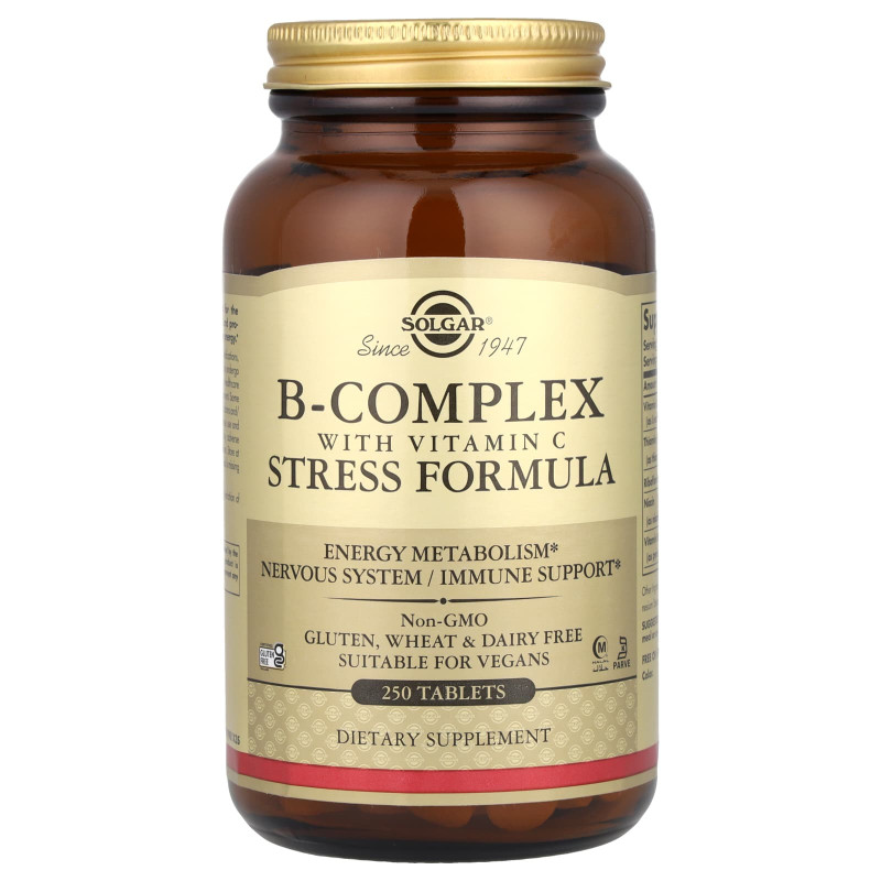 Комплекс витаминов В + С, B-Complex with Vitamin C, Solgar, стресс формула, 250 таблеток