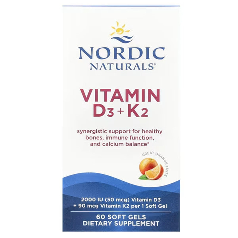 Витамины D3 + K2, Vitamins D3 + K2, Nordic Naturals, со вкусом апельсина, 60 гелевых капсул
