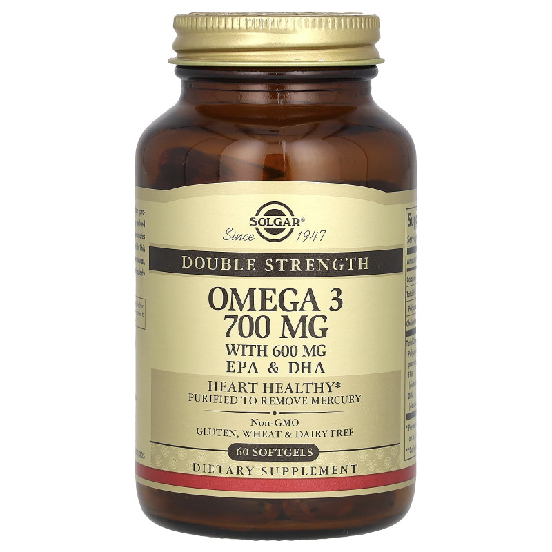 Омега-3, рыбий жир, Omega-3, EPA & DHA, Solgar, двойная сила, 700 мг, 60 гелевых капсул