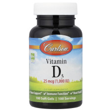 Вітамін D3, Vitamin D3, Carlson, 25 мкг (1000 МО), 100 гелевих капсул
