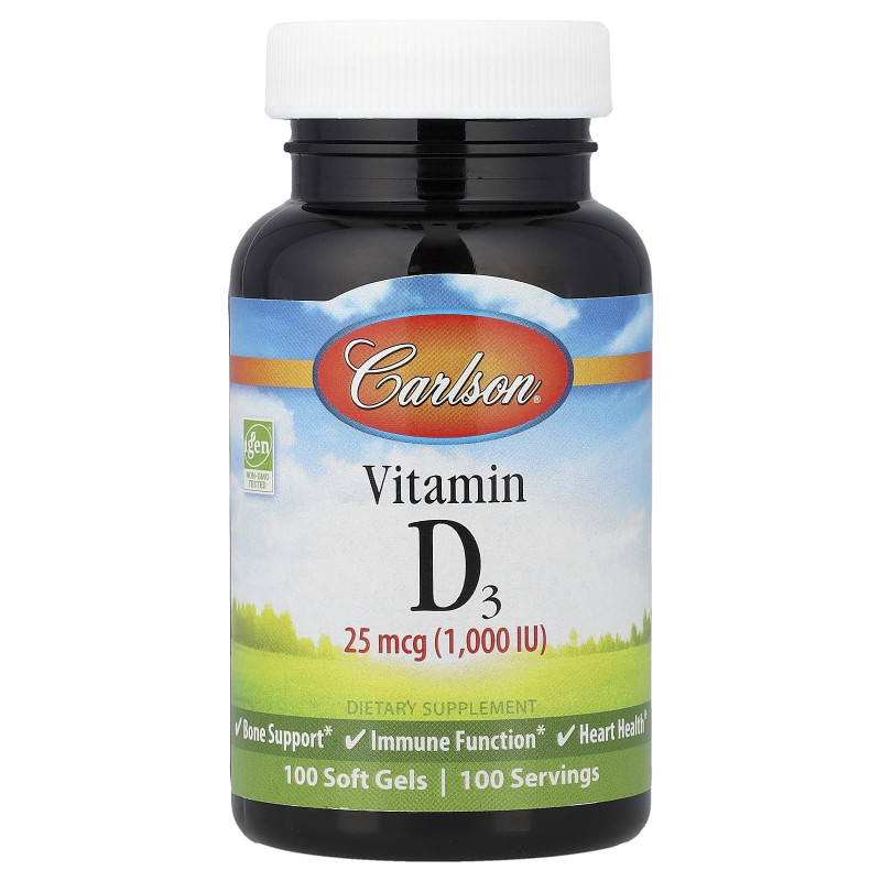 Вітамін D3, Vitamin D3, Carlson, 25 мкг (1000 МО), 100 гелевих капсул