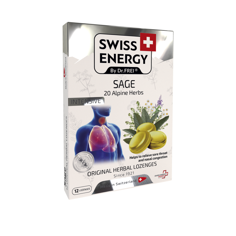 Леденцы от простуды, Herbal Lozenges Blister 20 herbs + Sage, Swiss Energy, от кашля, боли в горле и заложенности носа, 20 альпийский трав и шалфей, 12 травяных леденцов