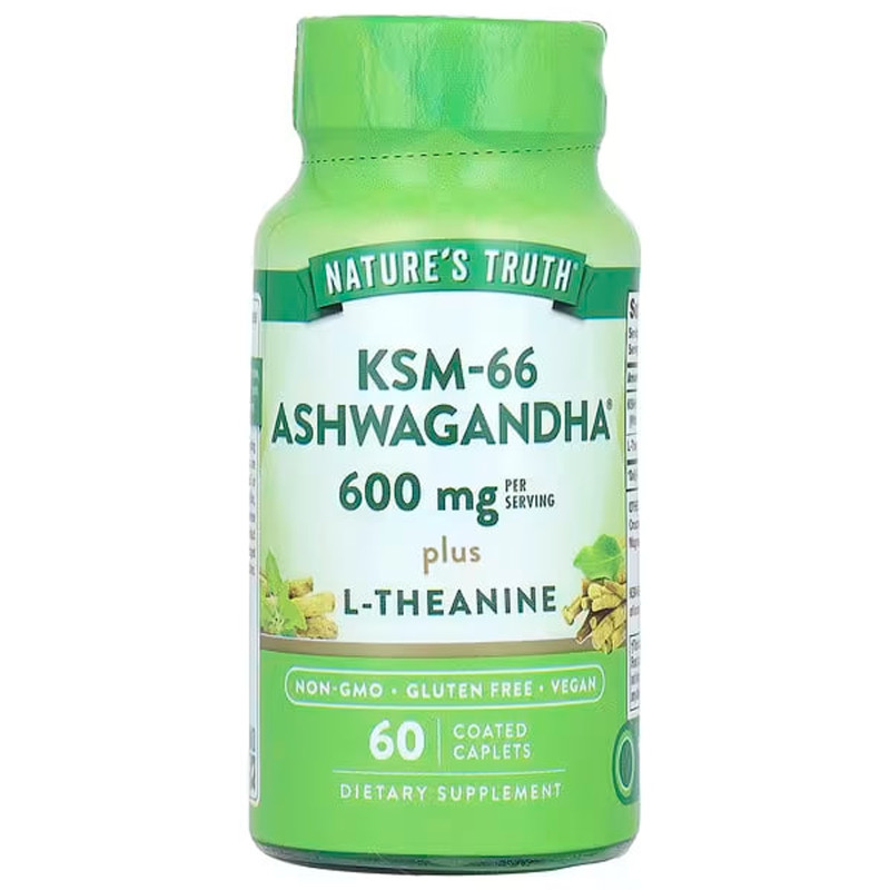 Ашваганда плюс L-Теанін, KSM-66, Ashwagandha Plus L-Theanine, Nature's Truth, 600 мг, 60 каплет (300 мг на каплету)