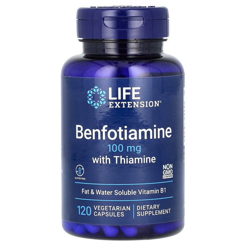 Бенфотиамин, Benfotiamine, Life Extension, с тиамином, 100 мг, 120 вегетарианских капсул