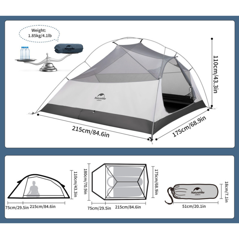 Намет надлегкий тримісний з футпринтом Naturehike Cloud Up 3 UL NH18T030-T-T, 20D, темно-синій