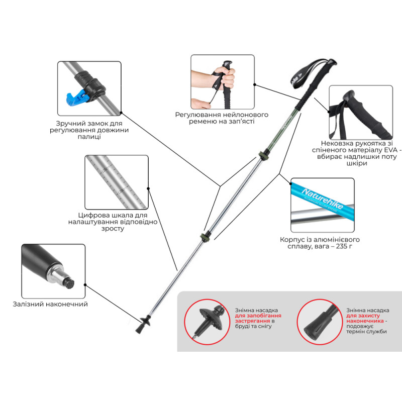 Трекінгова палиця 3-сек. Naturehike Men ST 01 6061 AL NH17D001-Z, алюміній, чорна