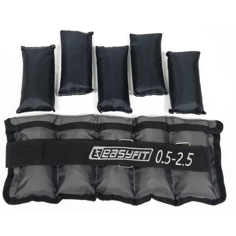 Утяжелители наборные для ног и рук EasyFit Metal с металлом, Сменный вес от 0,5 до 2,5 кг, Оксфорд, Стальная гранула, Серый