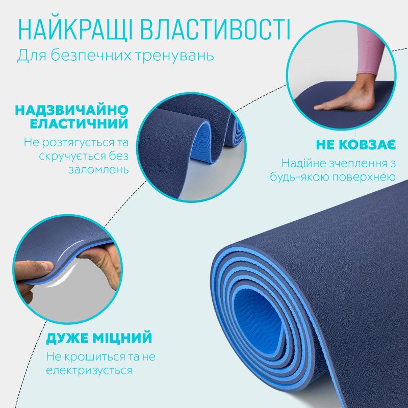 Двухслойный коврик EasyFit для пилатеса, фитнеса и йоги с чехлом, 183x61 см, толщина 6 мм, TPE/TC, ECO-Friendly, сине-голубой