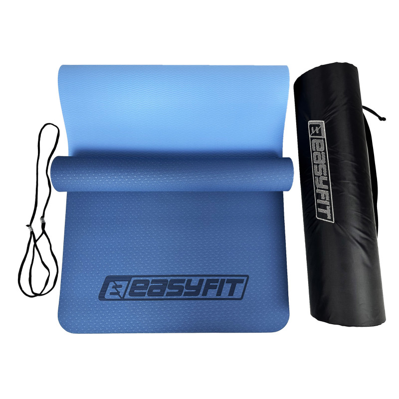 Двошаровий килимок EasyFit для пілатесу, фітнесу та йоги з чохлом, 183x61 см, товщина 6 мм, TPE/TC, ECO-Friendly, синьо-блакитний