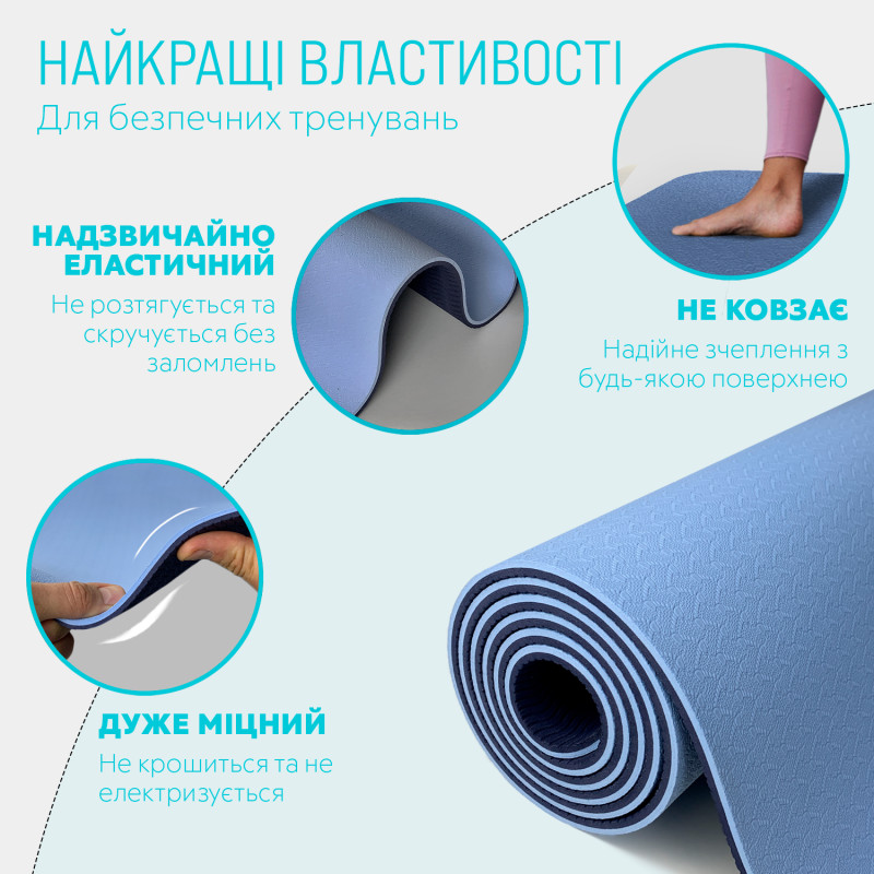 Двошаровий килимок EasyFit для пілатесу, фітнесу та йоги з чохлом, 183x61 см, товщина 6 мм, TPE/TC, ECO-Friendly, Синьо-блакитний