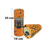 Массажный ролик (валик) EasyFit Grid Roller v.1.1 Multi , Длина 33 см, Диаметр 14 см, Каркас из высокопрочного пластика, Пена EVA с массажной поверхностью 3D, для МФР, фитнеса, йоги и реабилитации, Оранжево-цветной