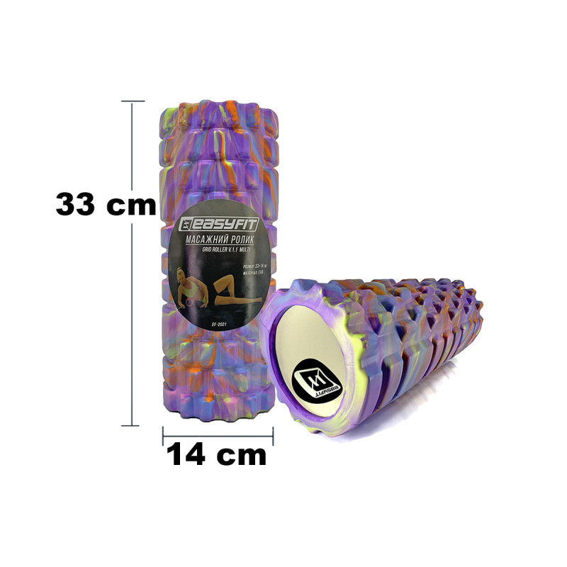 Массажный ролик (валик) EasyFit Grid Roller v.1.1 Multi , Длина 33 см, Диаметр 14 см, Каркас из высокопрочного пластика, Пена EVA с массажной поверхностью 3D, для МФР, фитнеса, йоги и реабилитации, Фиолетово-цветной