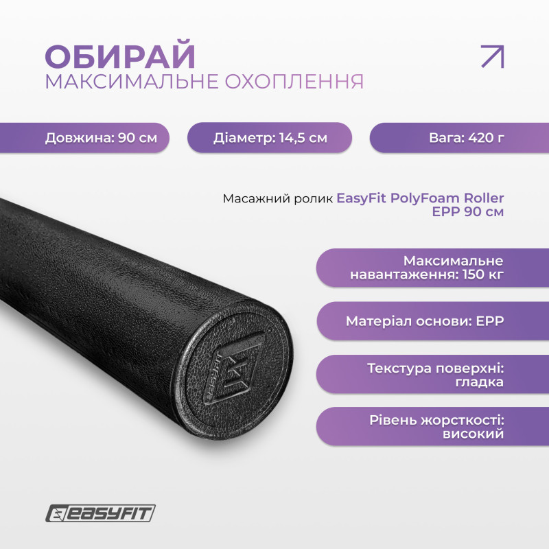 Массажный ролик (валик) EasyFit PolyFoam Roller, Длина 90 см, Диаметр 14.5 см, EPP (вспененный полипропилен), для МФР, фитнеса, йоги и реабилитации, Черный