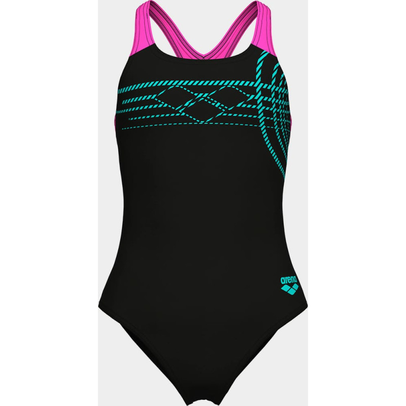 Купальник закритий для дівчат Arena SUNRISE SWIMSUIT SWIM PRO BACK чорний, бірюзовий, рожевий Діт 152 см