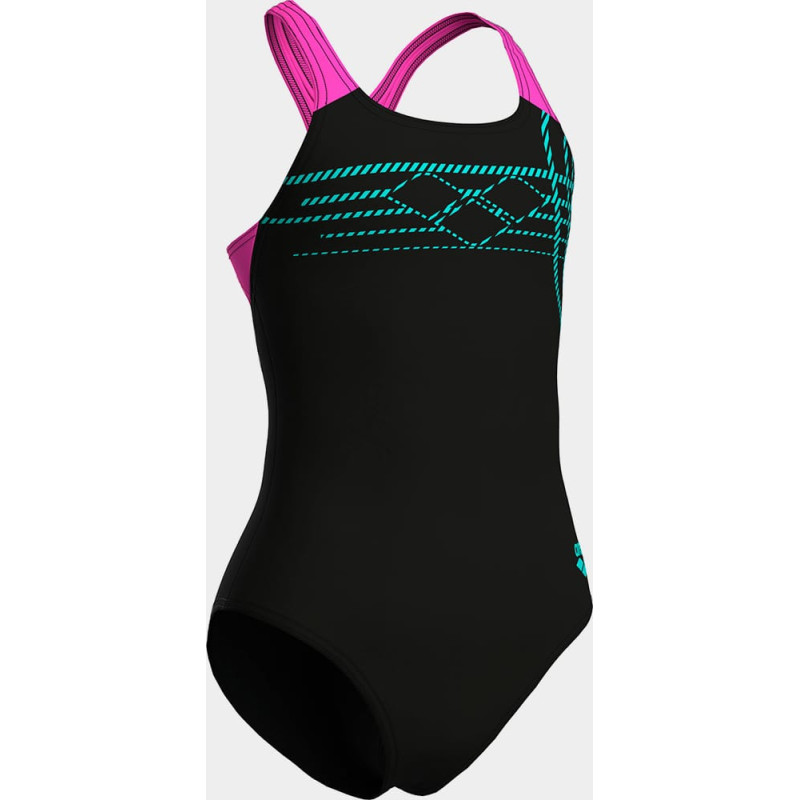 Купальник закритий для дівчат Arena SUNRISE SWIMSUIT SWIM PRO BACK чорний, бірюзовий, рожевий Діт 152 см