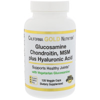 Глюкозамин, Хондроитин, Метилсульфонилметан + Гиалуроновая кислота, California Gold Nutrition, 120 вегетарианских капсул