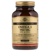 Омега-3, EPA и DHA, Тройная сила, 950 мг, Solgar, 50 желатиновых капсул