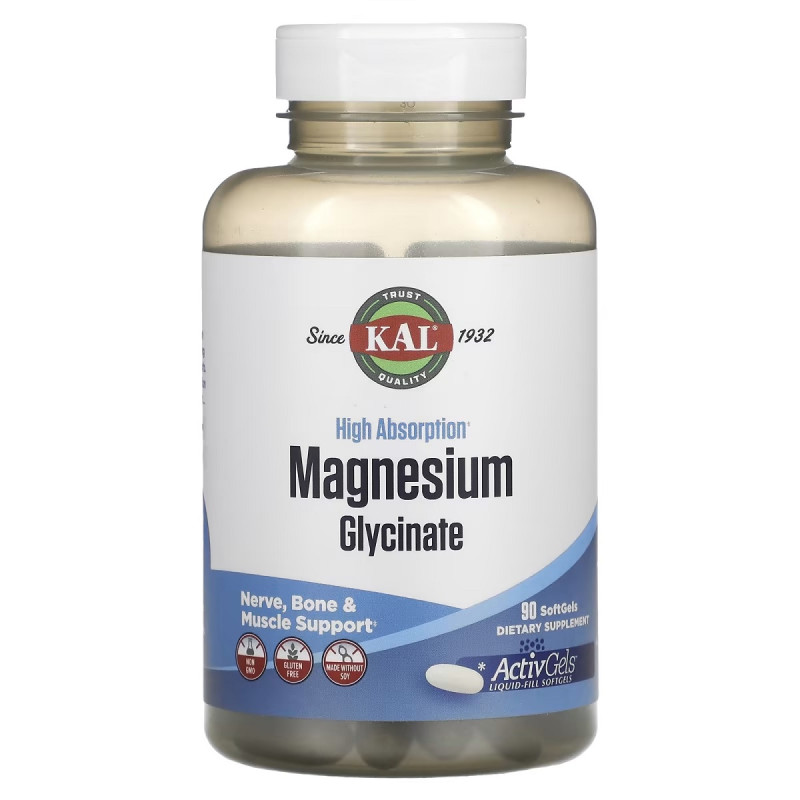 Магний Глицинат высокой усвояемости, 315 мг, High Absorption Magnesium Glycinate, KAL, 90 желатиновых капсул