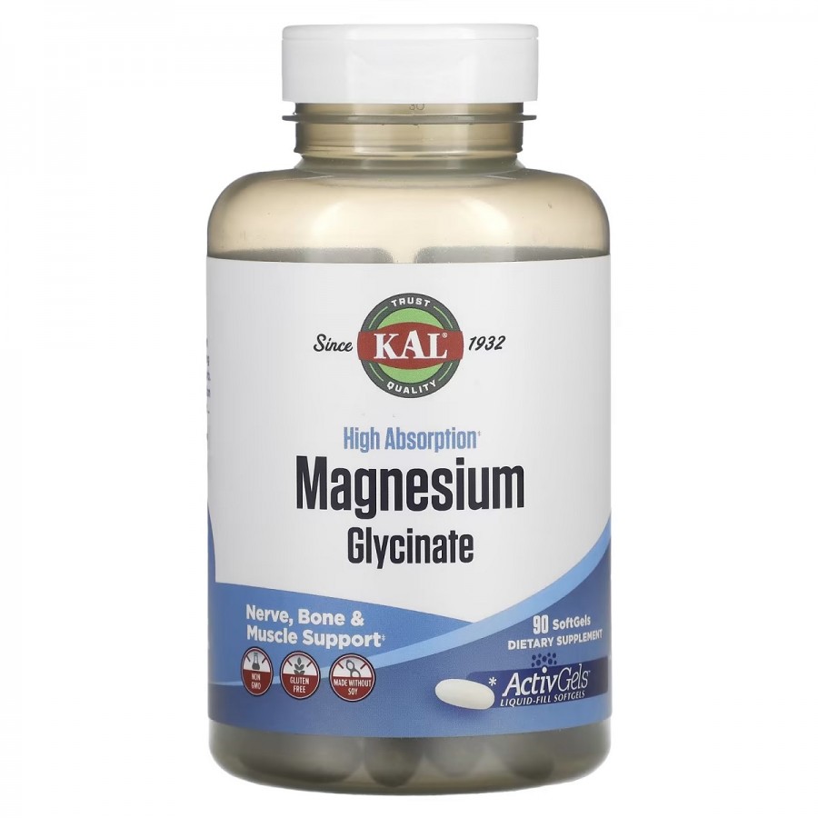 Магній Гліцинат високої засвоюваності, 315 мг, High Absorption Magnesium Glycinate, KAL, 90 желатинових капсул