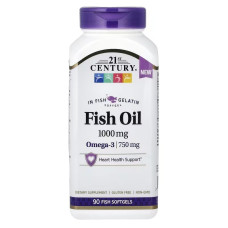 Риб'ячий жир, Омега-3, 1000 мг, Fish Oil, 21st Century, 90 капсул з риб'ячого желатину