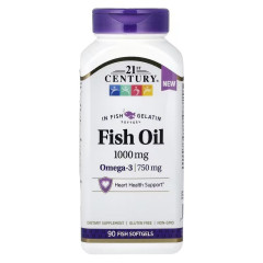 Риб'ячий жир, Омега-3, 1000 мг, Fish Oil, 21st Century, 90 капсул з риб'ячого желатину