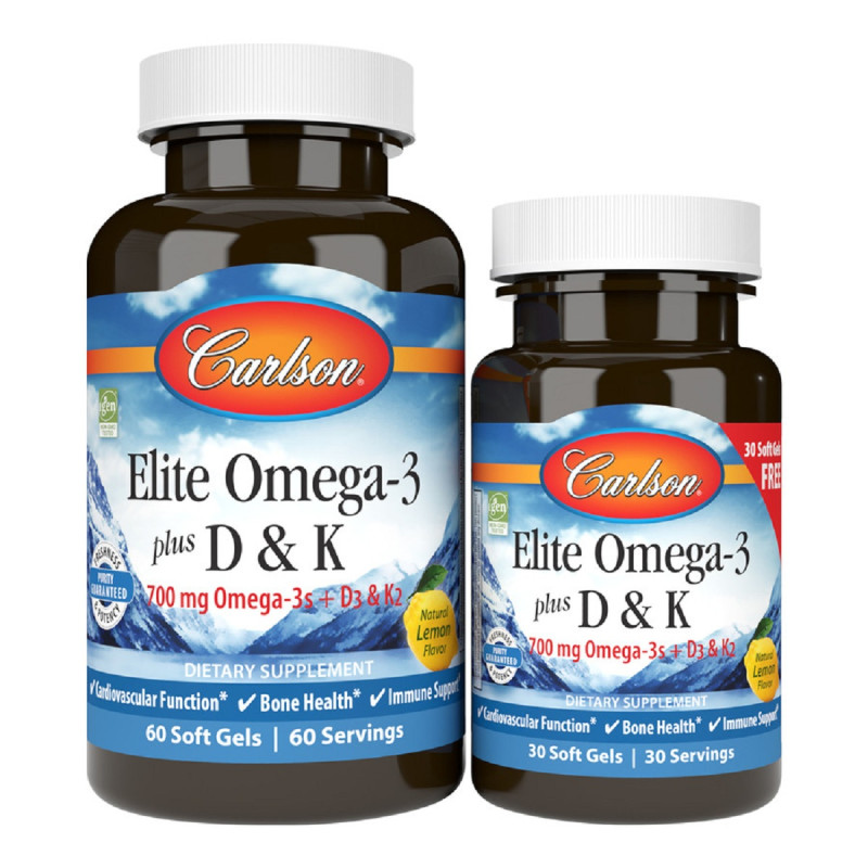 Омега-3 с витаминами D и K, 700 мг, вкус лимона, Elite Omega-3 + D&K, Carlson, 60+30 гелевых капсул