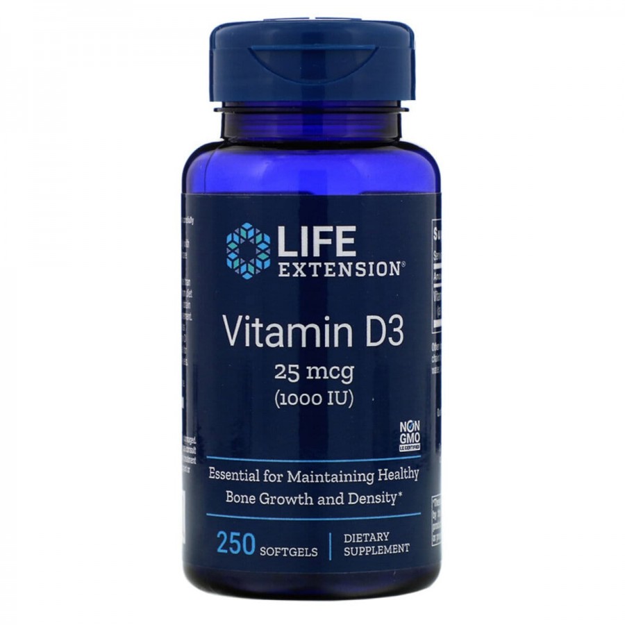 Вітамін D3, Vitamin D3, Life Extension, 25 мкг (1000 МО), 250 гелевих капсул